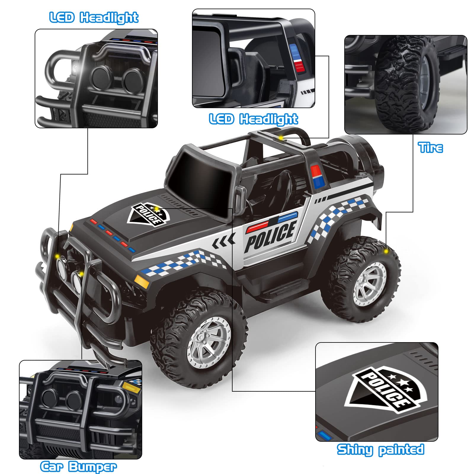 Bloolilies police RC car built with rounded edges and safety-tested shell.