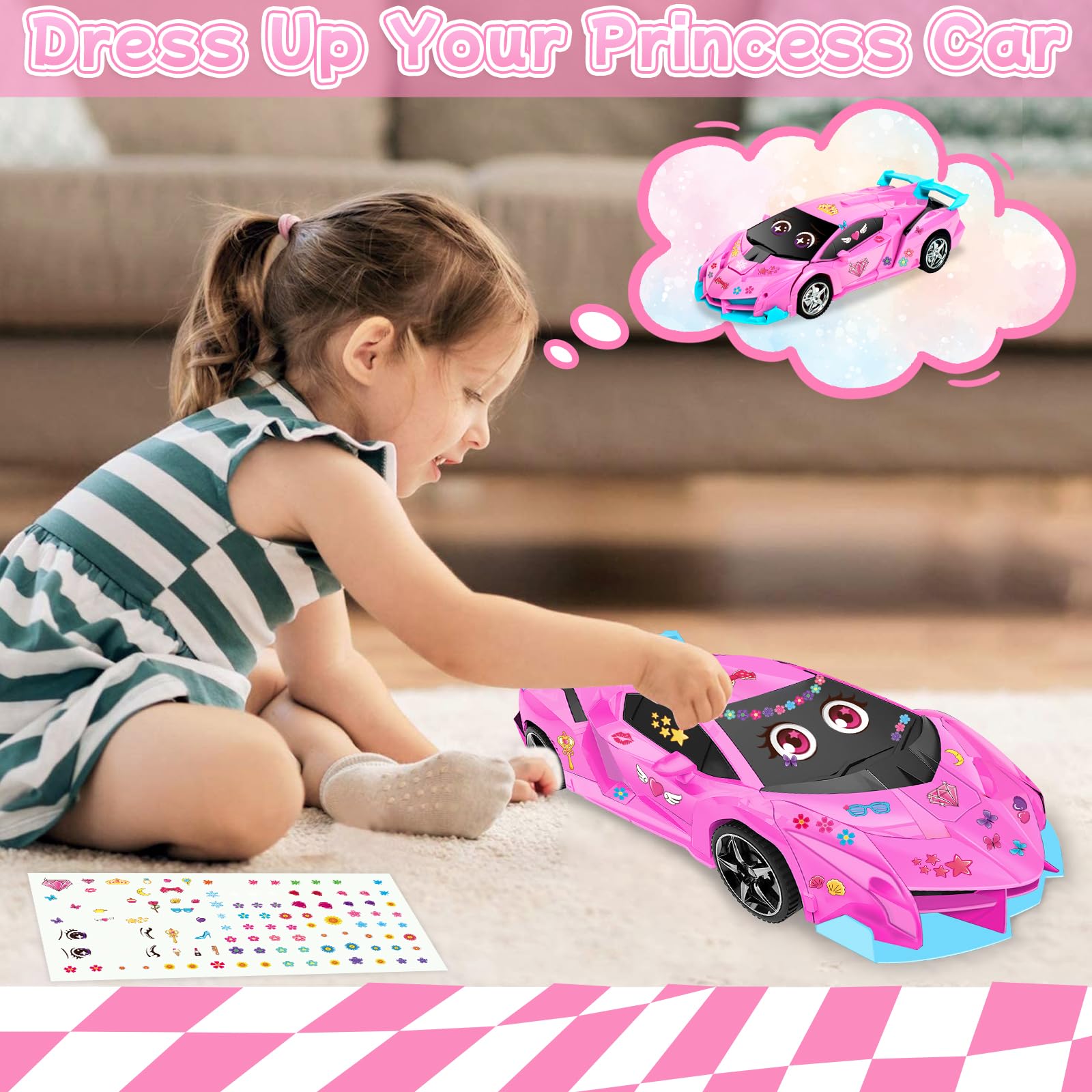 Bloolilies pink RC car with DIY stickers for imagination and customization.