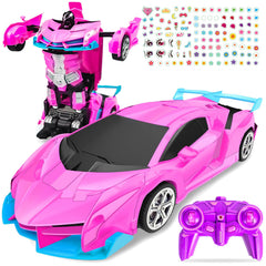 Bloolilies RC car pink transform front view with dual modes and LED lights.