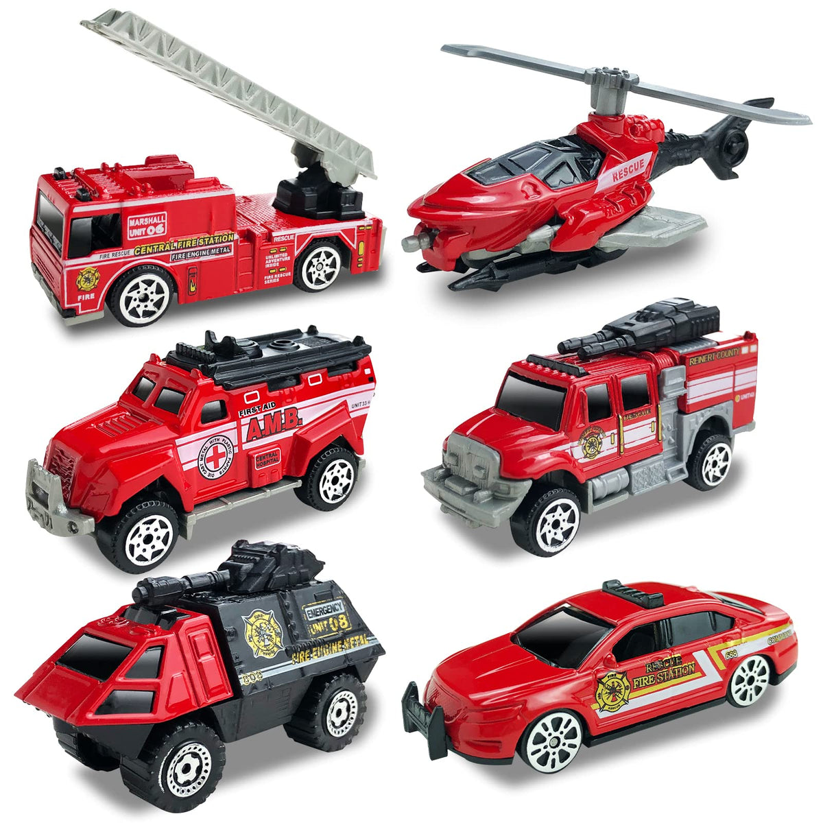 Blooming Lilies six-pack diecast fire trucks, front view, durable alloy for imaginative play.