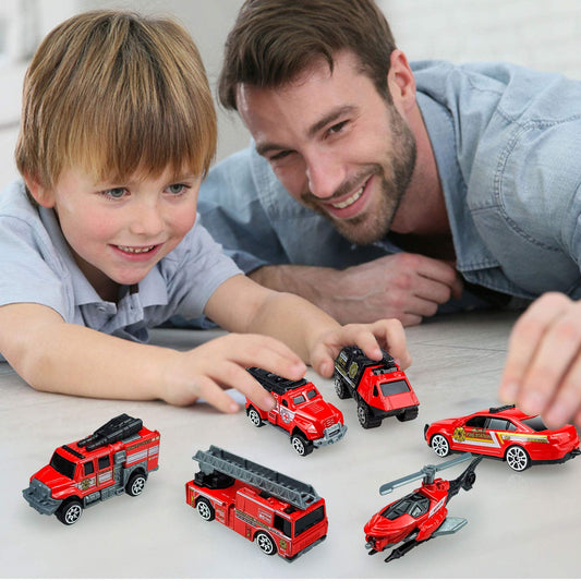 Blooming Lilies diecast fire trucks set with helicopter, vivid colors for engaging pretend rescues.