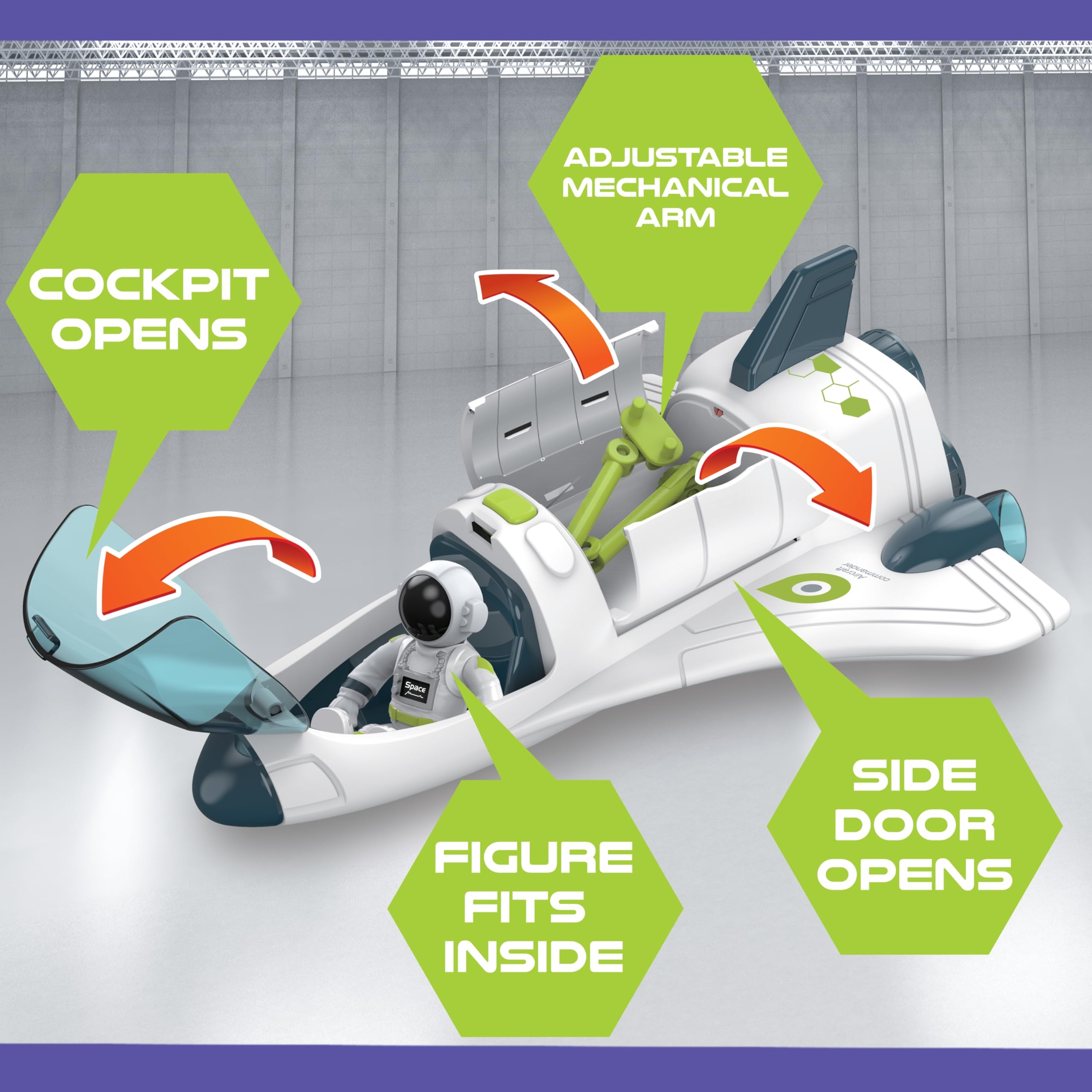 BLOONSY Space Shuttle Toy mechanical arm enhances space mission storytelling.