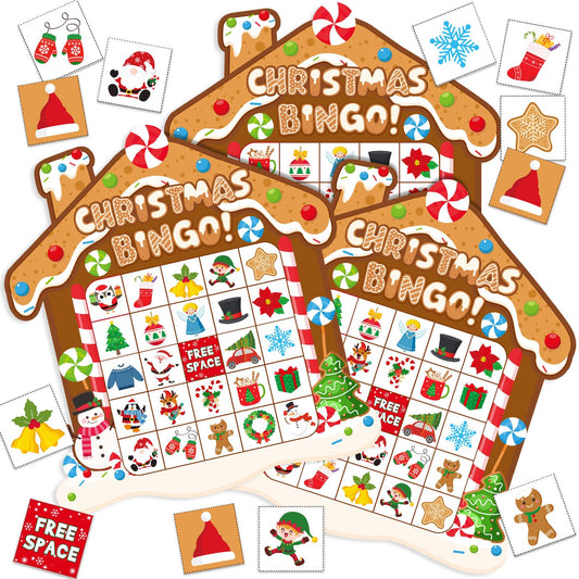 Blosssound Christmas Gingerbread Bingo Cards featuring colorful gingerbread house designs for festive play.