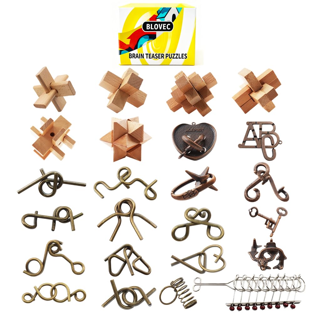 Blovec 24-piece brain teaser puzzle set in wood and metal for focused problem solving.