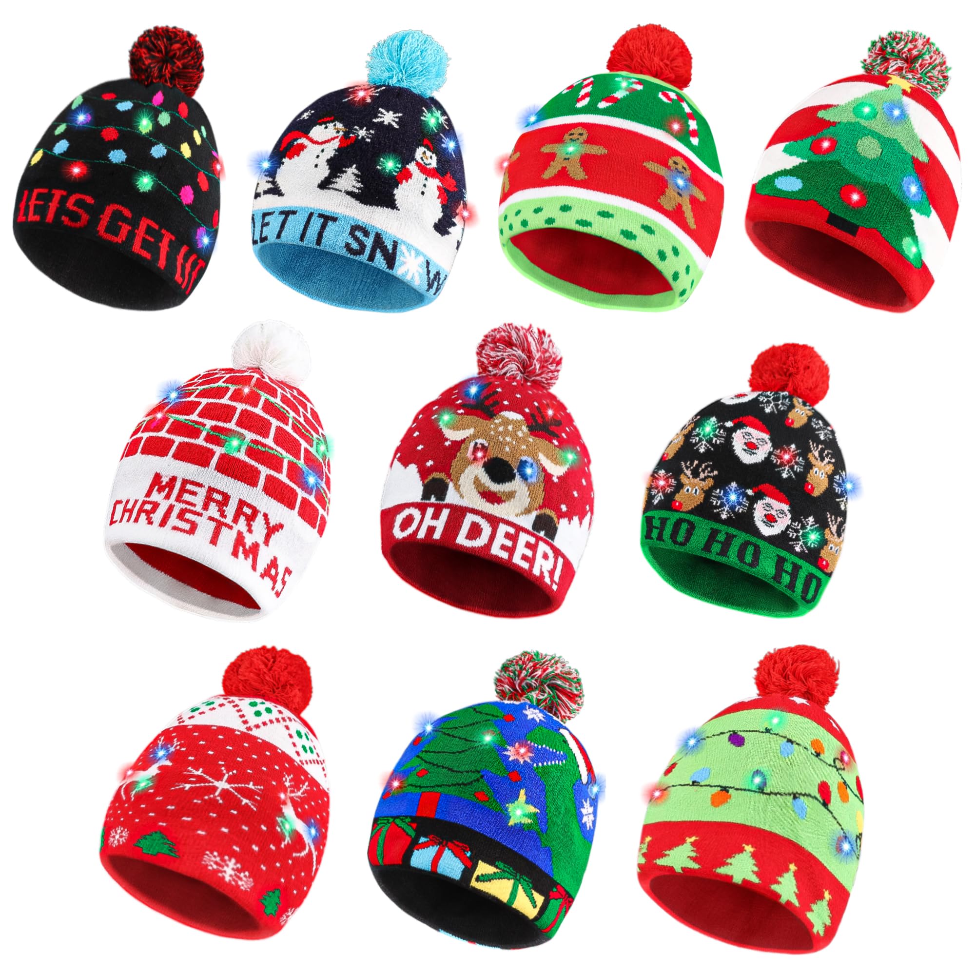 Blowata light-up Christmas knit beanie front view with colorful LEDs for festive visibility.