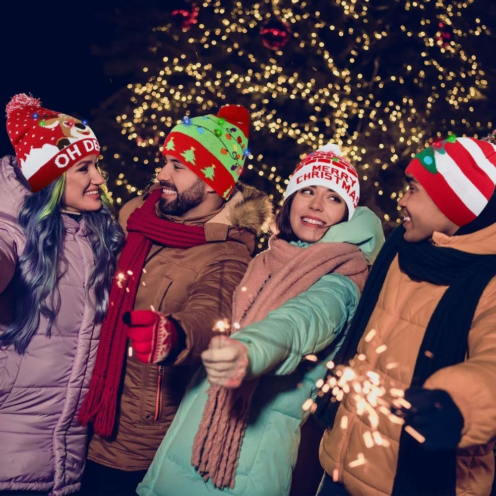 Blowata six-color LED beanie worn in a cozy winter scene for night visibility.
