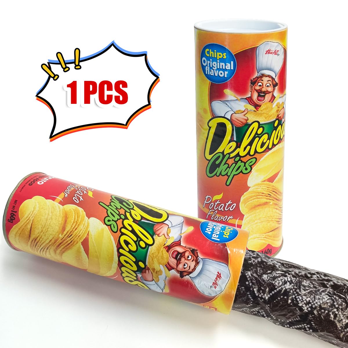 Blppldyci potato chip snake can jump size label—compact prank prop for small spaces.