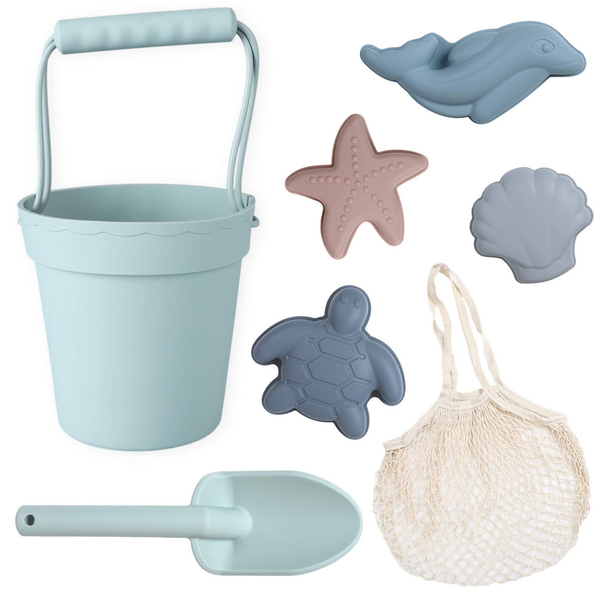 Blue Ginkgo silicone beach bucket for durable sand play on the go.