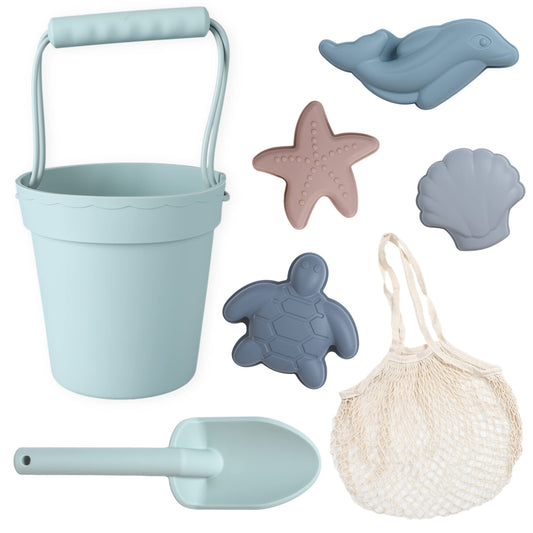 Blue Ginkgo silicone beach bucket for durable sand play on the go.