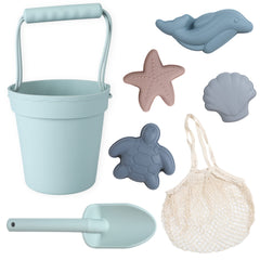 Blue Ginkgo silicone beach bucket for durable sand play on the go.