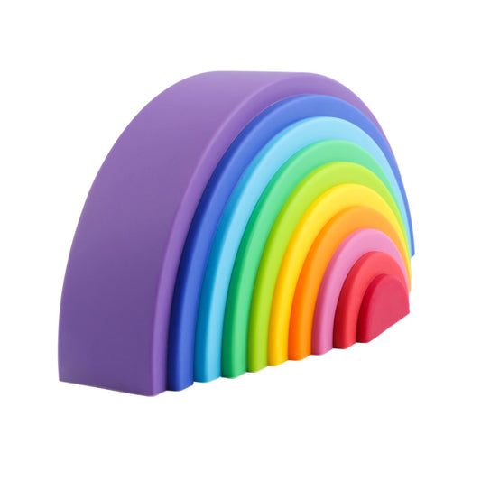 Blue Ginkgo Rainbow Stacker: 10-layer silicone sensory toy for stacking.