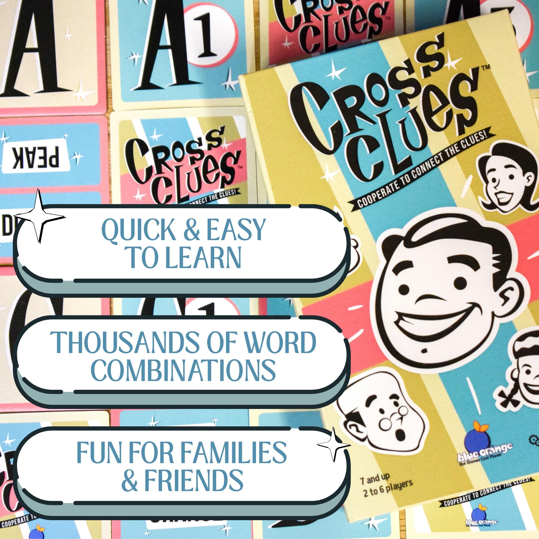 Blue Orange Cross Clues illustrated rules guide clear, friendly play.