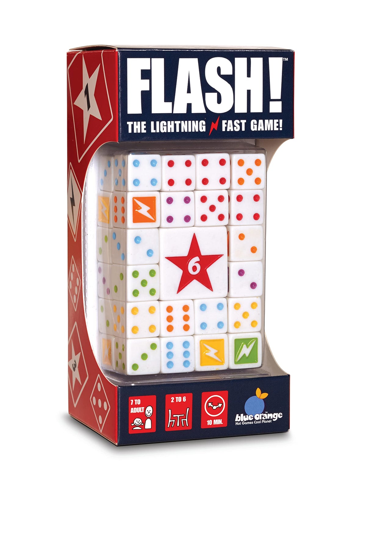 Blue Orange Flash! dice game setup with six dice for fast family play