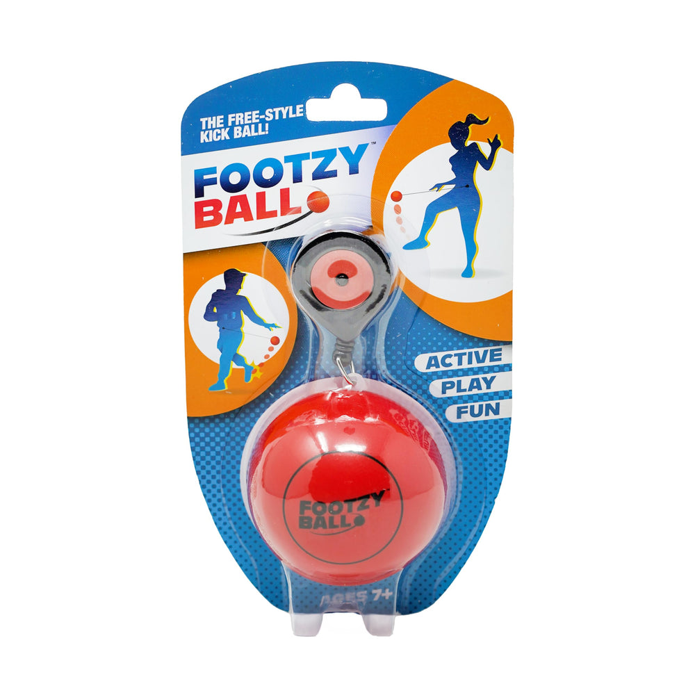 Blue Orange FootzyBall with retractable string and waistband clip for portable play.