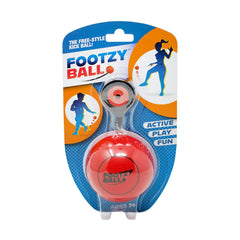 Blue Orange FootzyBall with retractable string and waistband clip for portable play.