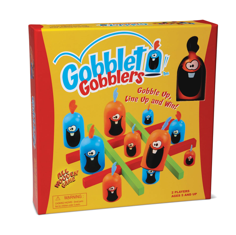Blue Orange Gobblet Gobblers on a wooden 3x3 grid highlighting strategy for kids