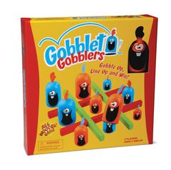 Blue Orange Gobblet Gobblers on a wooden 3x3 grid highlighting strategy for kids
