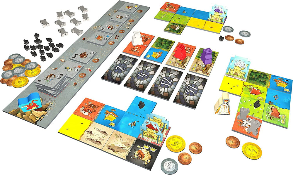 Blue Orange Queendomino knights and coins in a thriving medieval setting