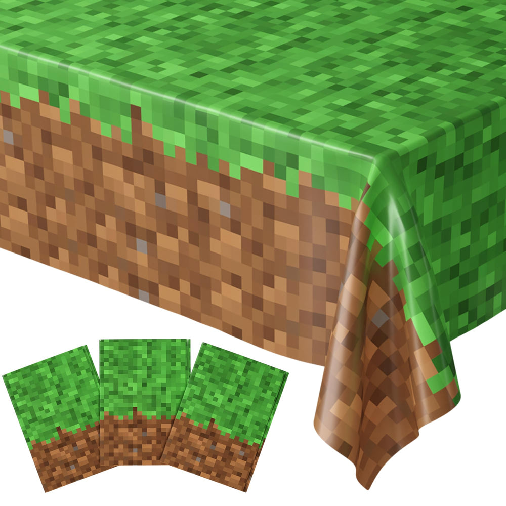Blue Orchards Pixel Miner table cover 3-pack laid out for a gaming party, protecting surfaces.
