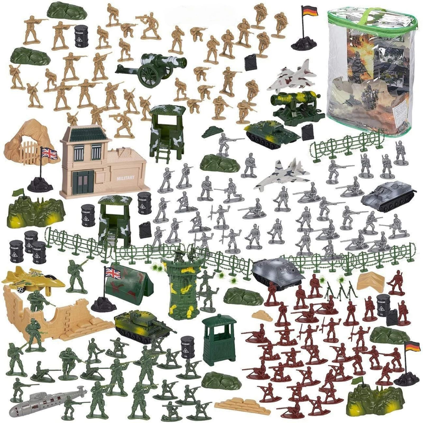 Blue Panda 300-piece army men set with tanks boosts imaginative play indoors and outdoors.
