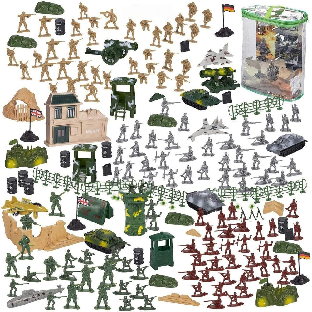 Blue Panda 300-piece army men set with tanks boosts imaginative play indoors and outdoors.