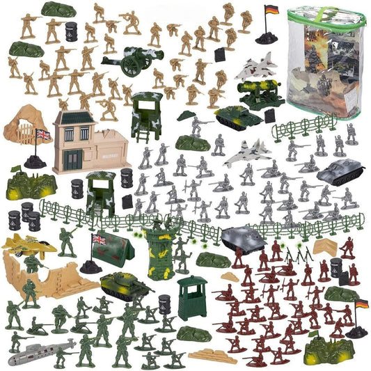 Blue Panda 300-piece army men set with tanks boosts imaginative play indoors and outdoors.