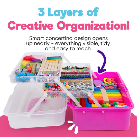 Blue Squid Art Box Pink drawers open revealing two-tier organization for crafts