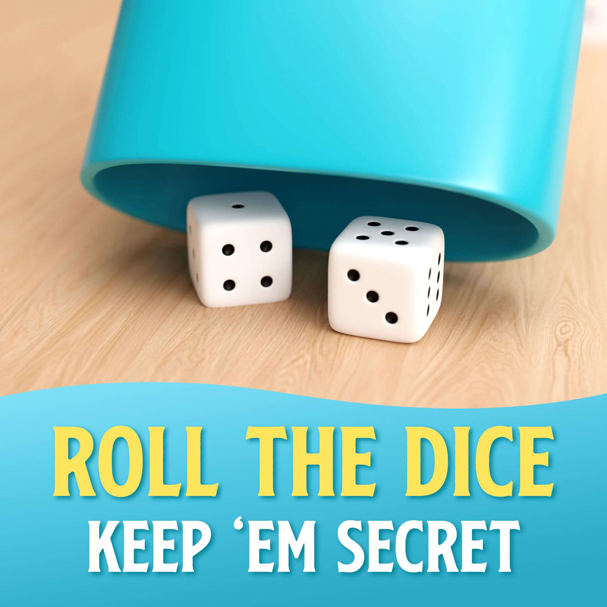Blue Wasatch Games Bamboozled dice and cards in use during a bluffing round.