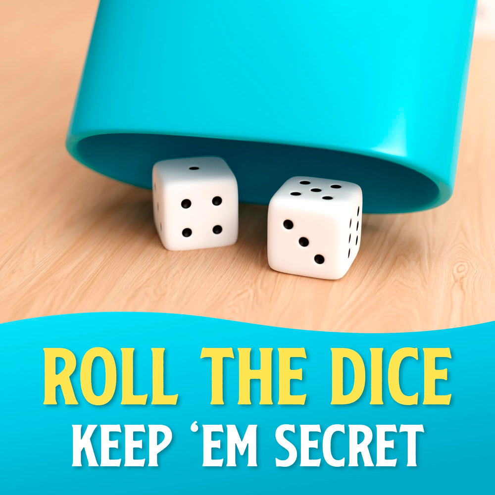 Blue Wasatch Games Bamboozled dice and cards in use during a bluffing round.