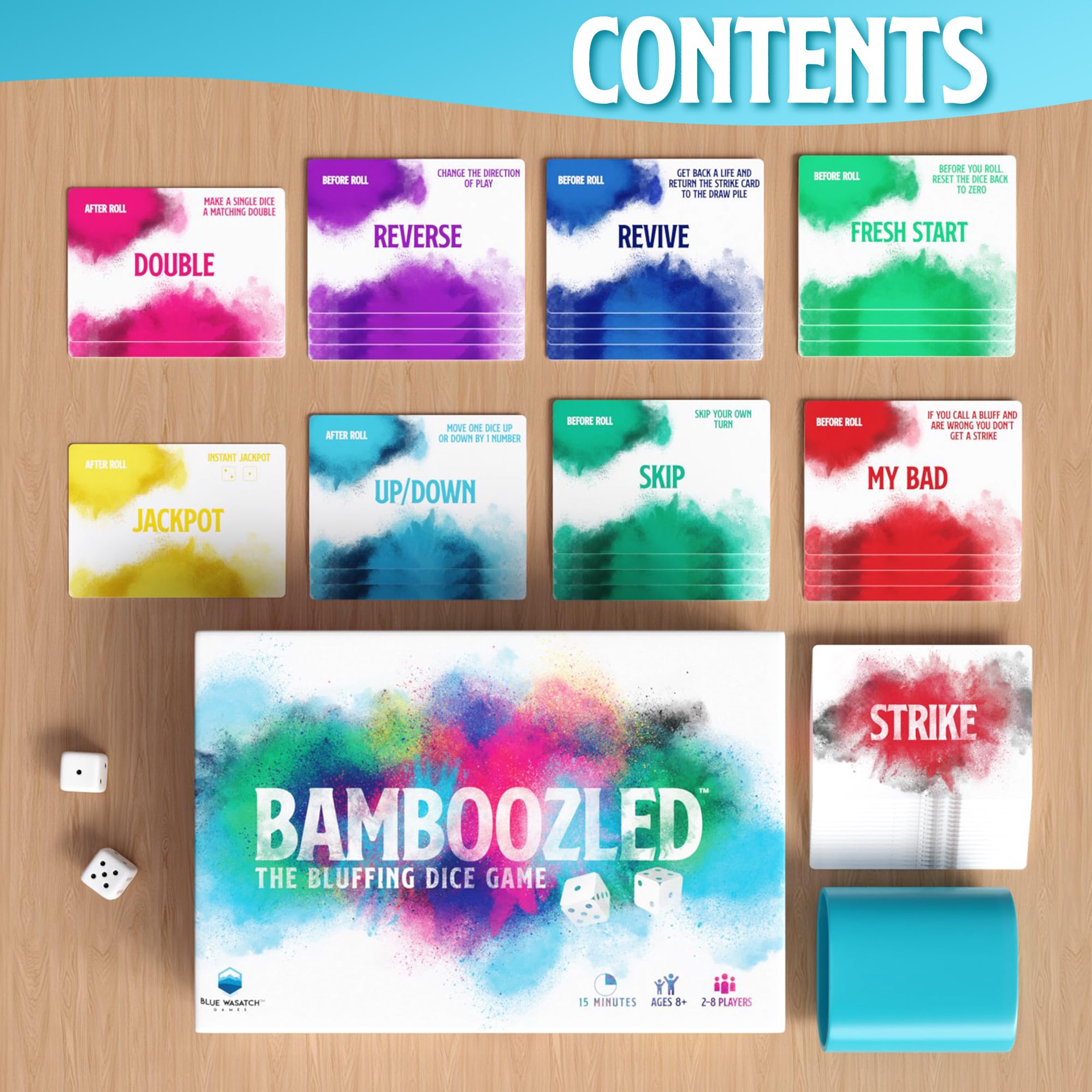 Blue Wasatch Games Bamboozled colorful artwork stored neatly in tin.