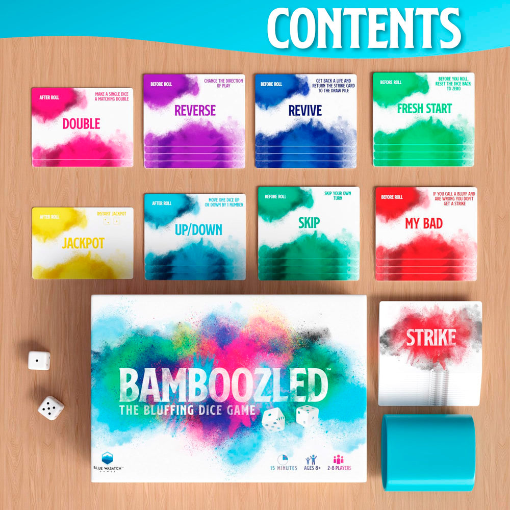 Blue Wasatch Games Bamboozled colorful artwork stored neatly in tin.