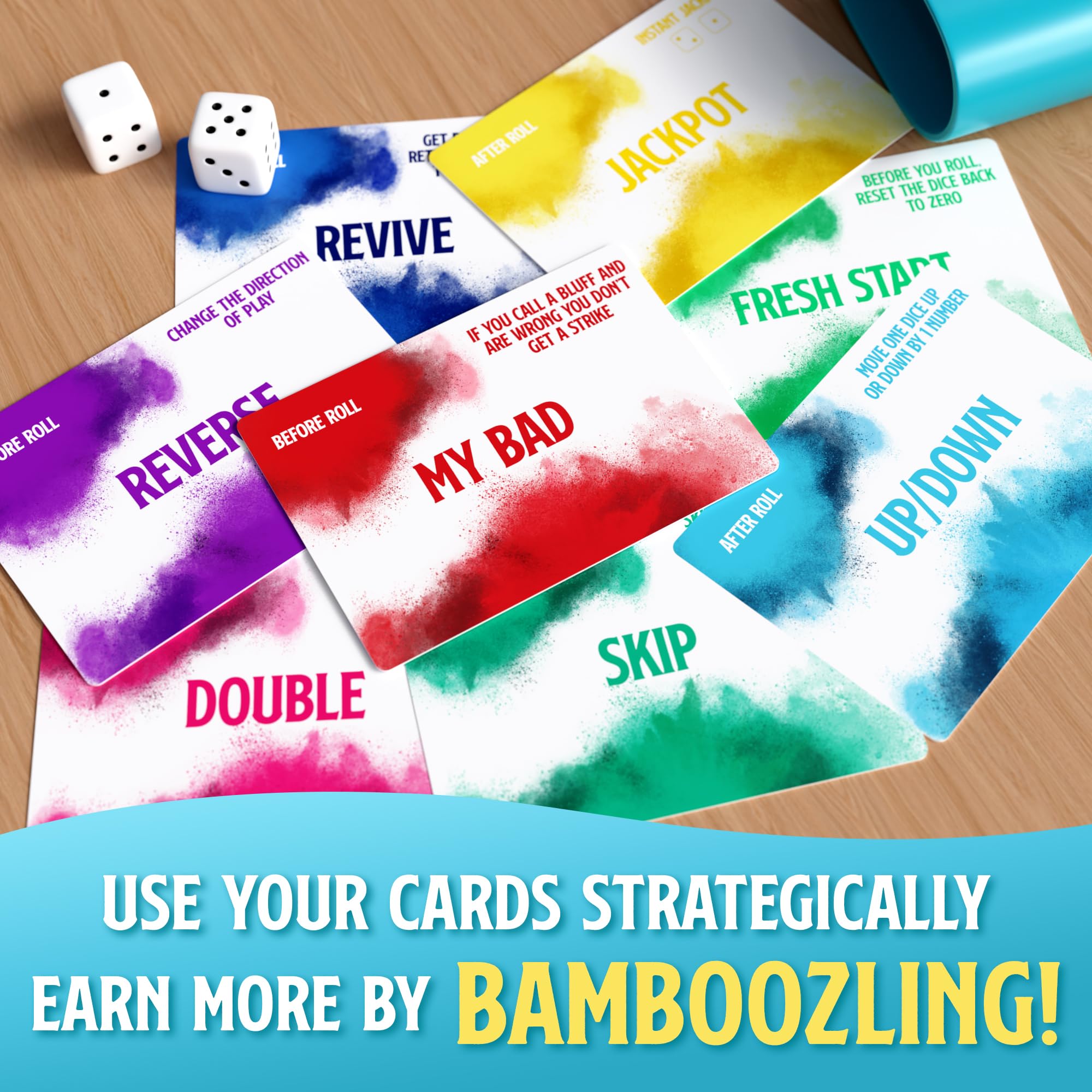 Blue Wasatch Games Bamboozled durable cards and dice endure rounds.