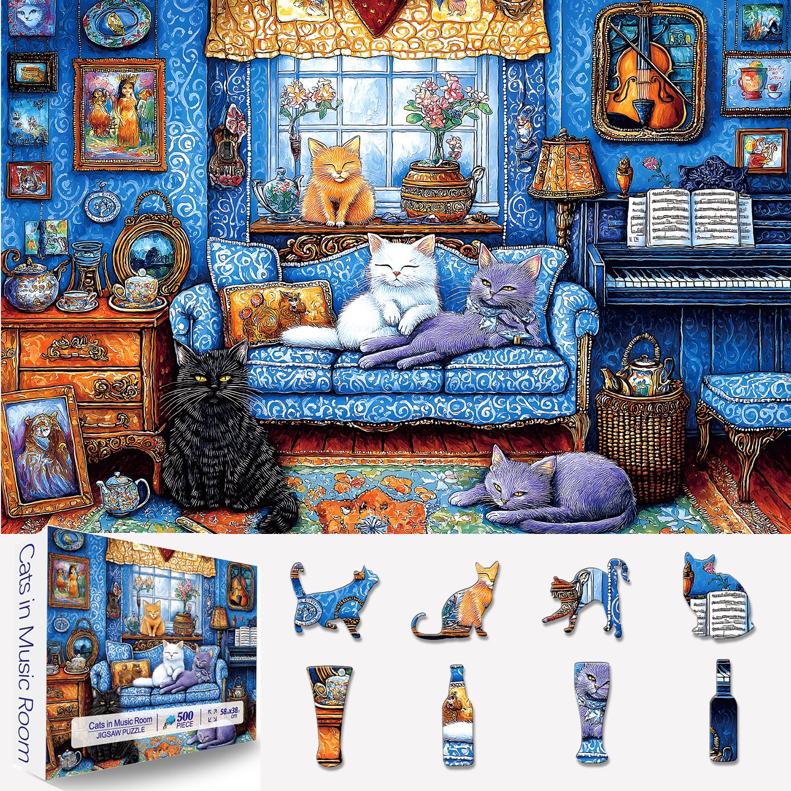 Blueforest 500-piece cat living room puzzle for relaxing family puzzle time.