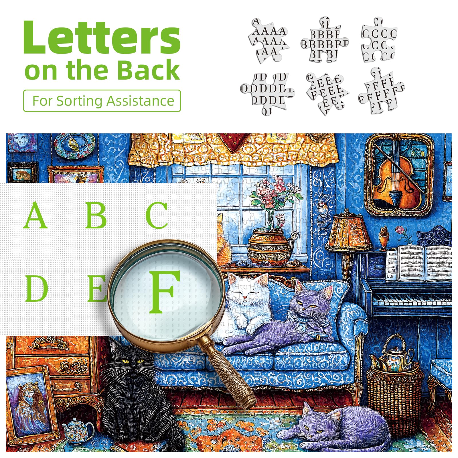Blueforest puzzle featuring vintage decor cats in blue tones for cozy deco inspiration.