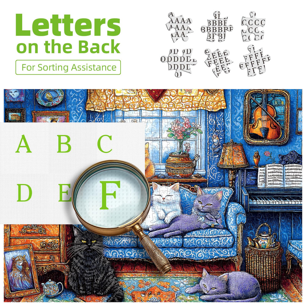 Blueforest puzzle featuring vintage decor cats in blue tones for cozy deco inspiration.