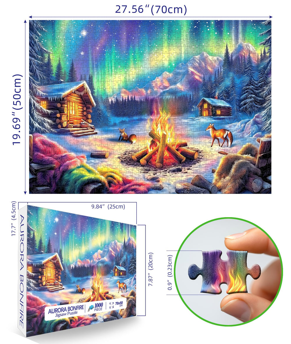 Blueforest cozy cabin with a warm bonfire, inviting relaxing puzzling sessions.