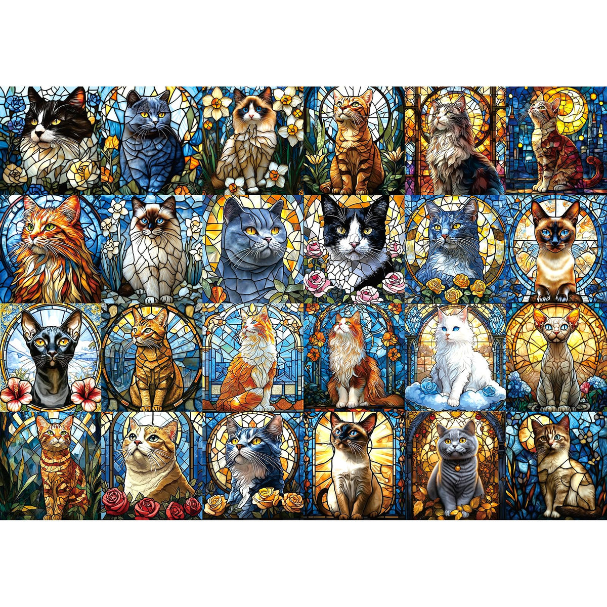 Blueforest stained-glass cats puzzle cover shows vibrant mosaic art for immersive evenings