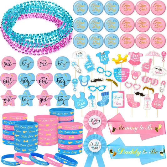 Bluegogo gender reveal bracelets for colorful guest keepsakes and photos.