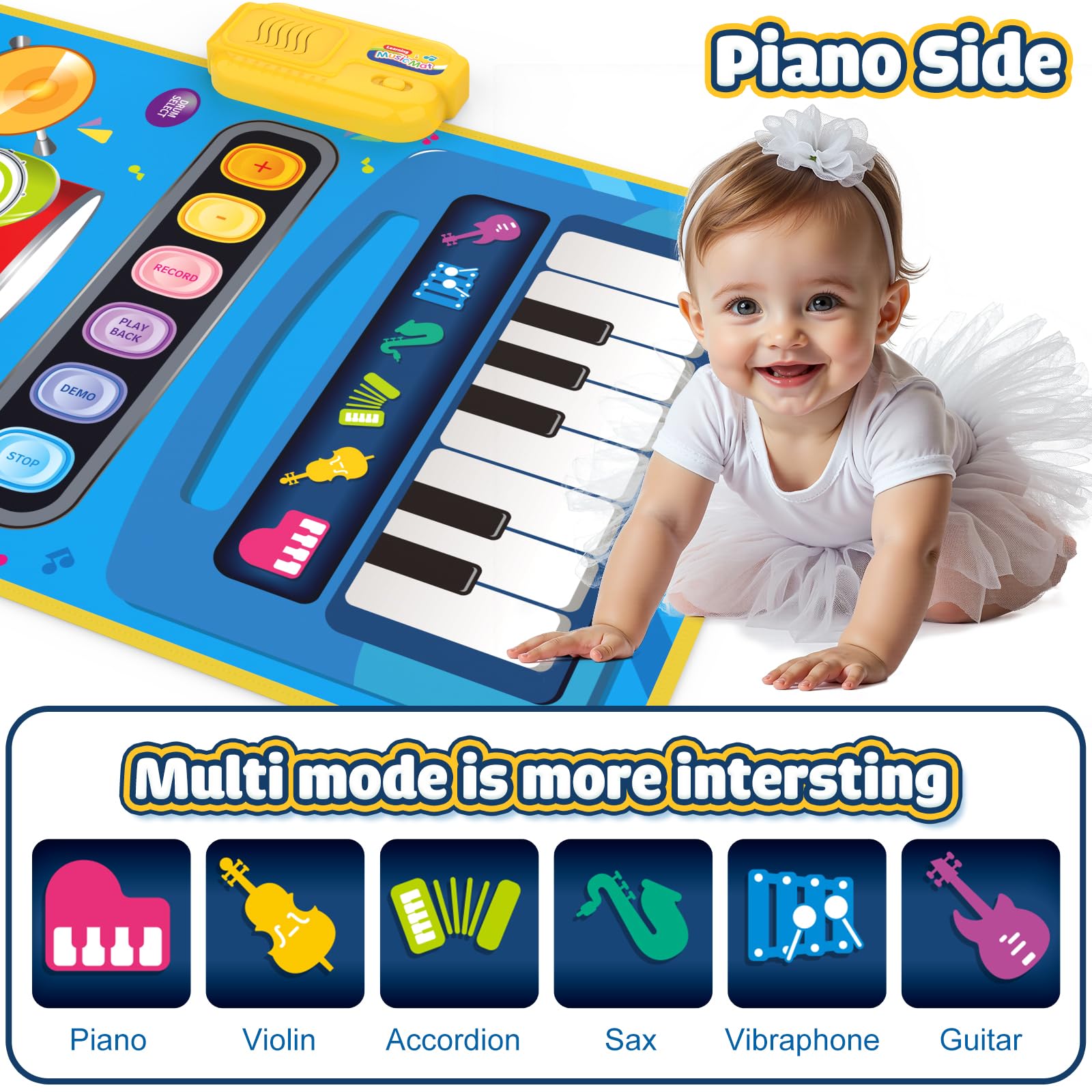 BLUEJAY 2-in-1 musical toy, side view with drum sticks for interactive play