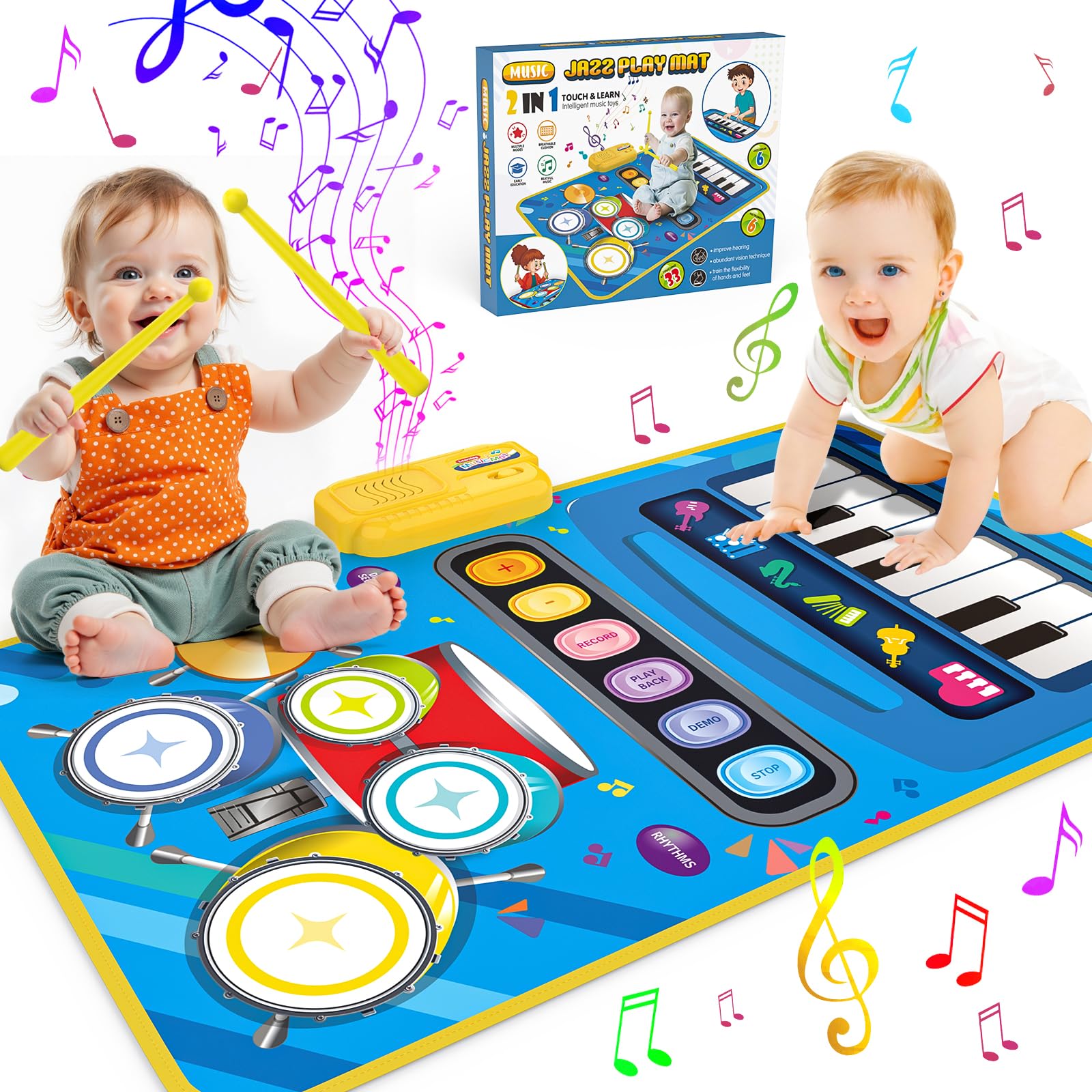 BLUEJAY baby piano-drum mat in action, toddlers explore rhythm on soft fabric