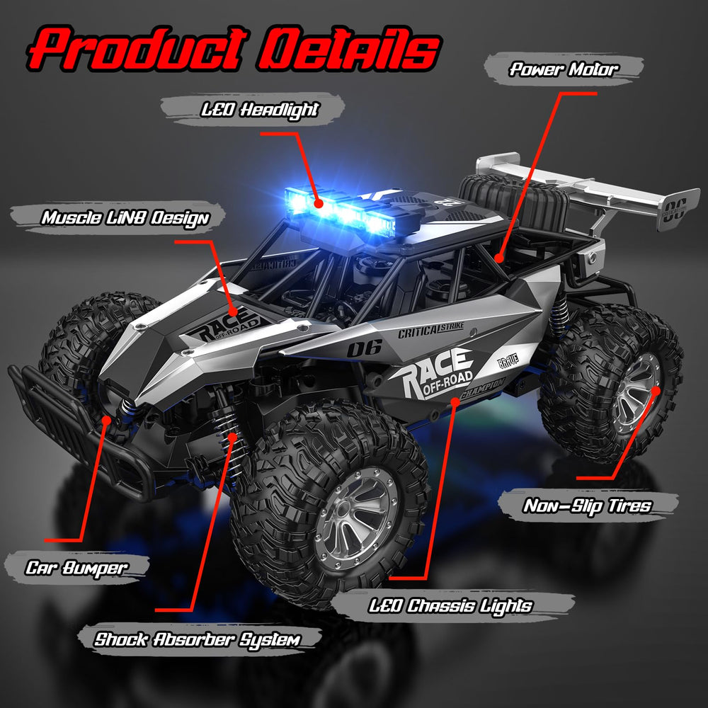 BlueJAY RC car LED headlights illuminate night trails clearly.