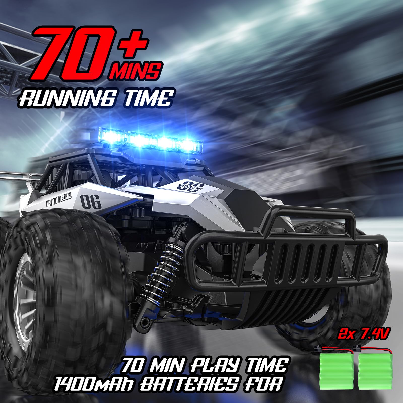 BlueJAY off-road monster truck in action on rugged terrain.