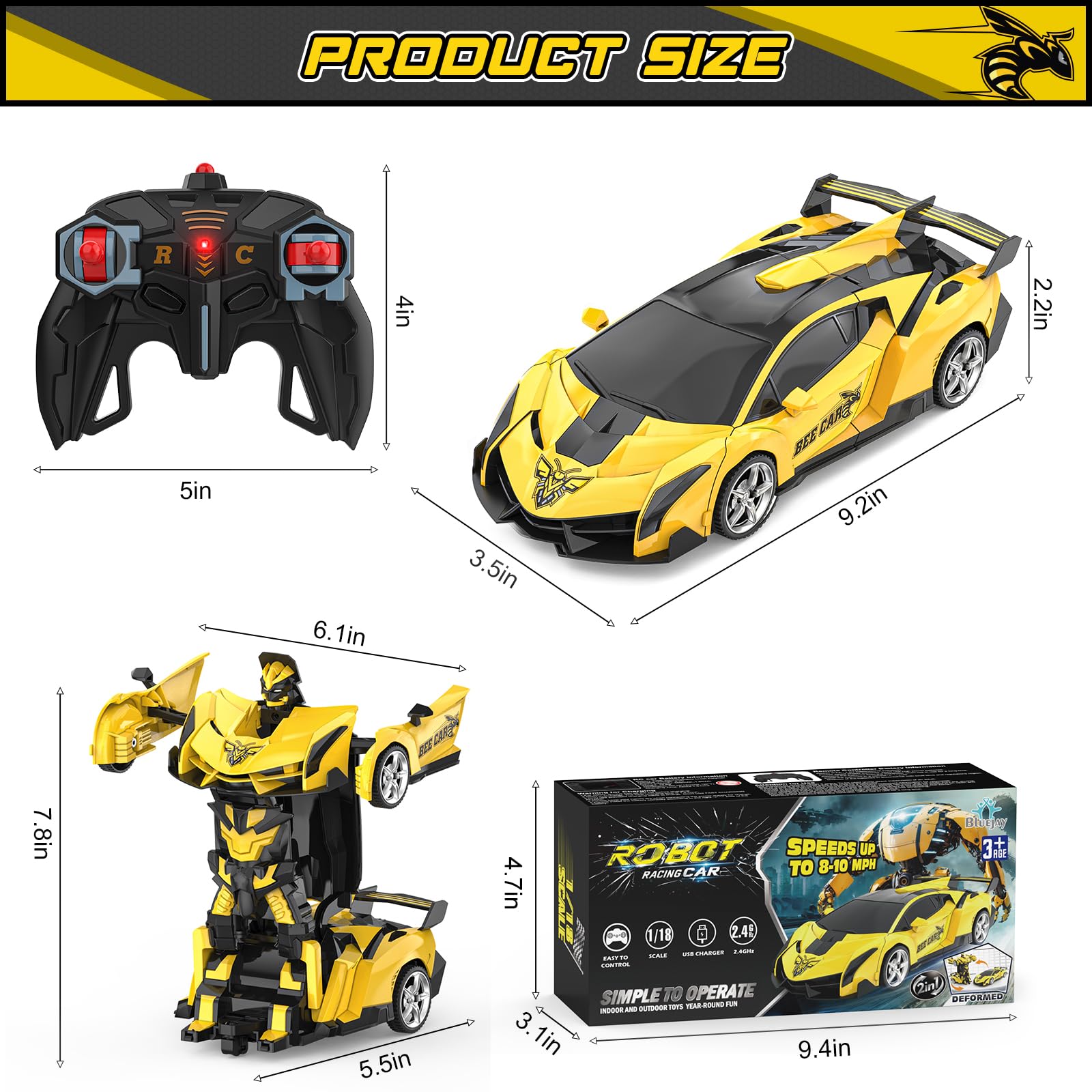 BLUEJAY Transform RC Car gift-ready packaging with accessories for kids.