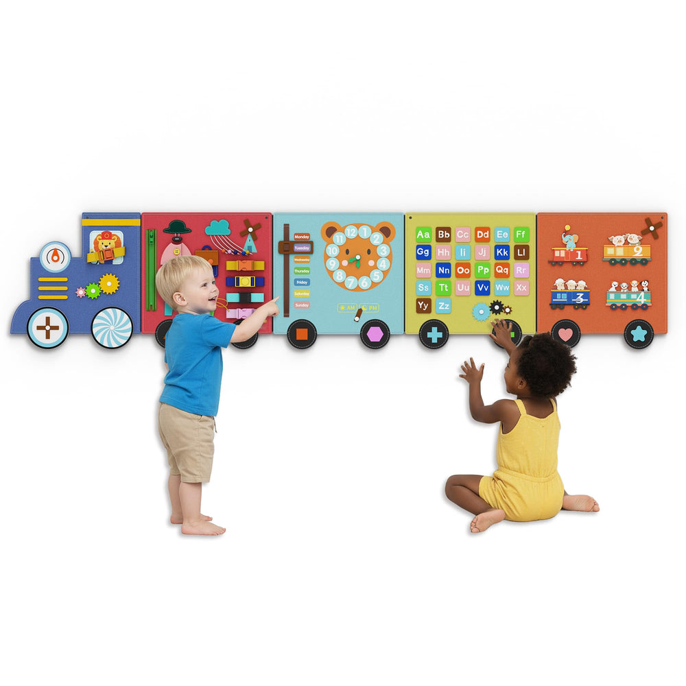 BlueWood Wall Busy Board with ten activities enhances hand-eye coordination.