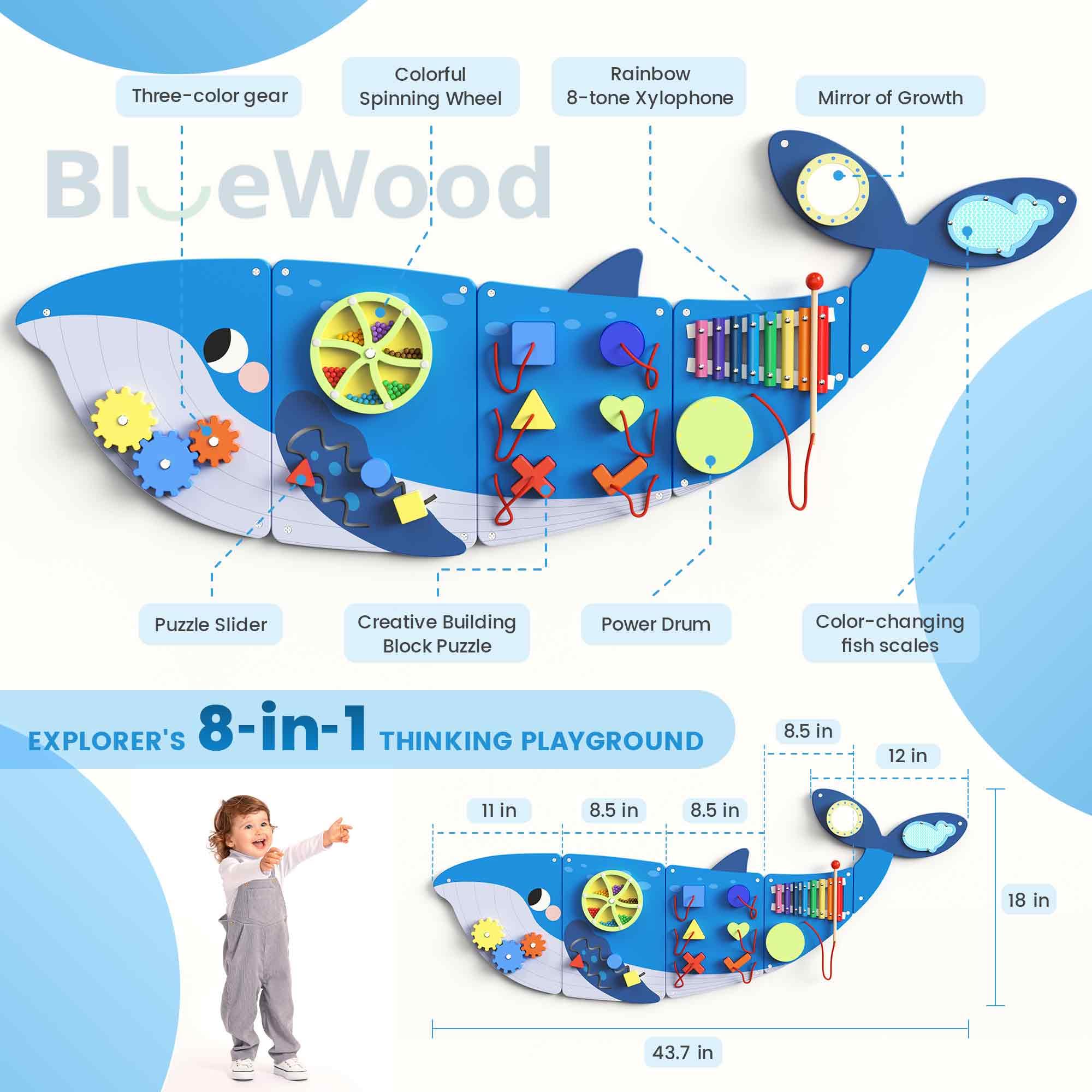 BlueWood Whale wooden buttons and latches encourage fine motor skills and problem solving.