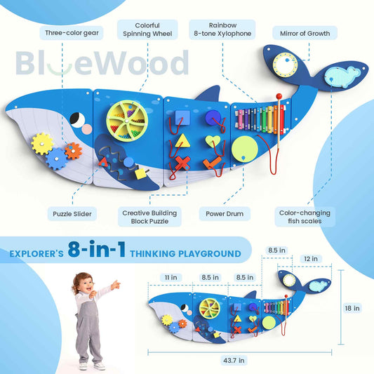BlueWood Whale wooden buttons and latches encourage fine motor skills and problem solving.