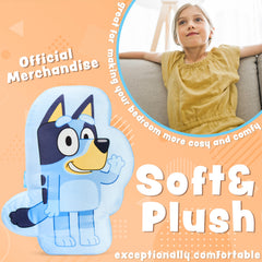 Bluey 3D plush pillow being hugged by a child for cozy downtime.