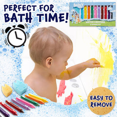 Bluey bath crayons and sponges for blending art during bath.