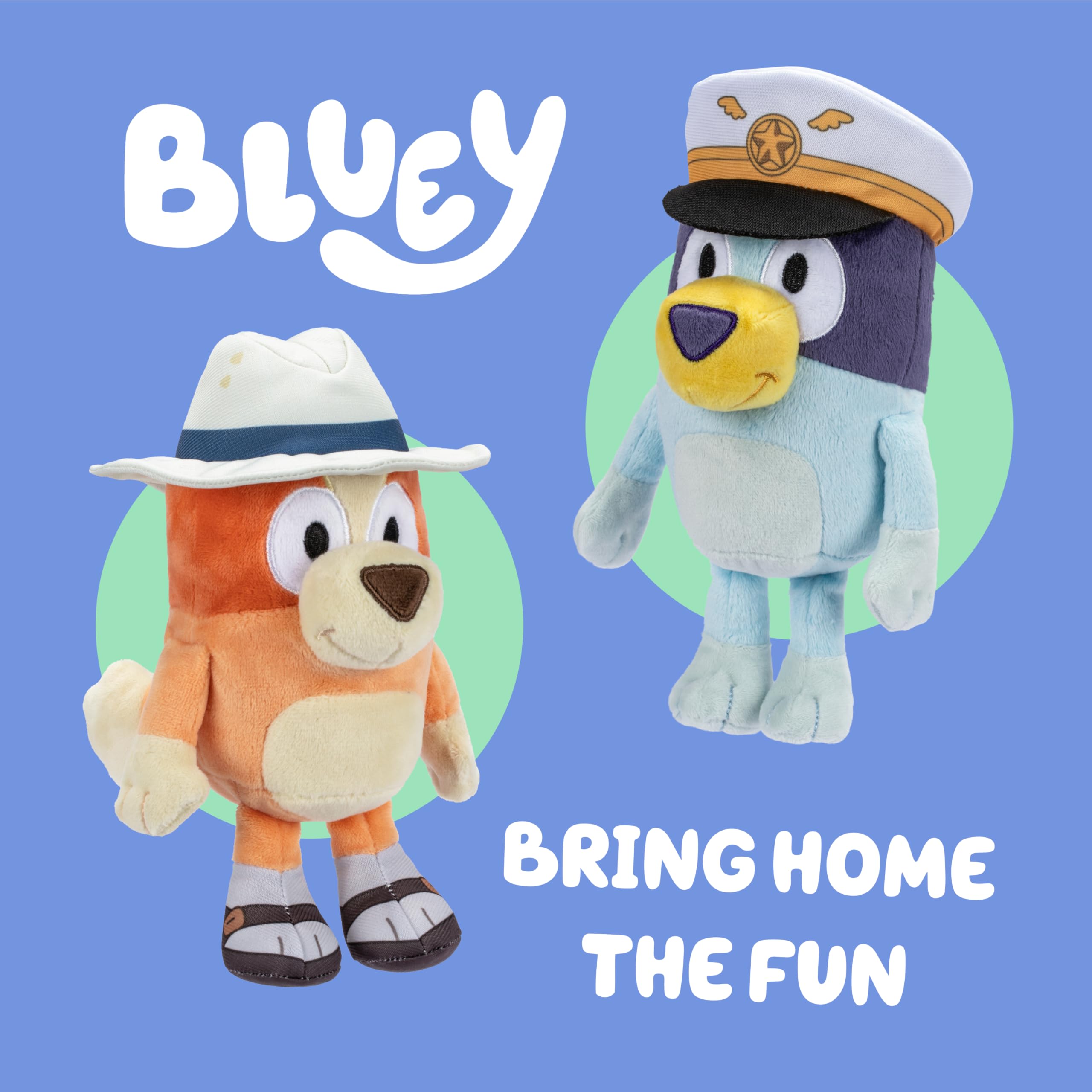 Bluey plush wearing captain's hat for imaginative roleplay.