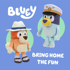 Bluey plush wearing captain's hat for imaginative roleplay.